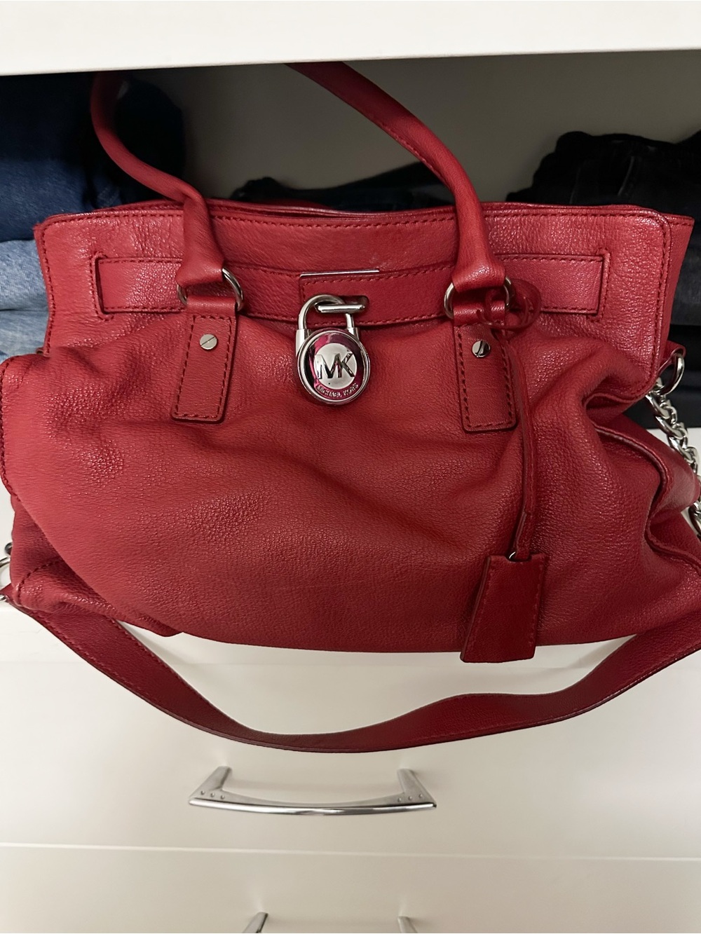 Michael Kors Red Leather Shoulder Bag with MK Lock